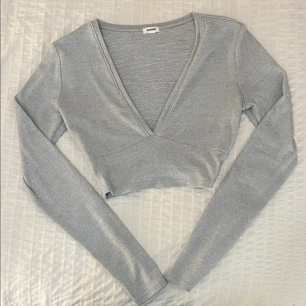 Garage Silver V-Neck Long Sleeve Crop Top
